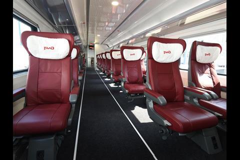 Business class seating in Tver Carriage Works double-deck coach for Federal Passenger Co.